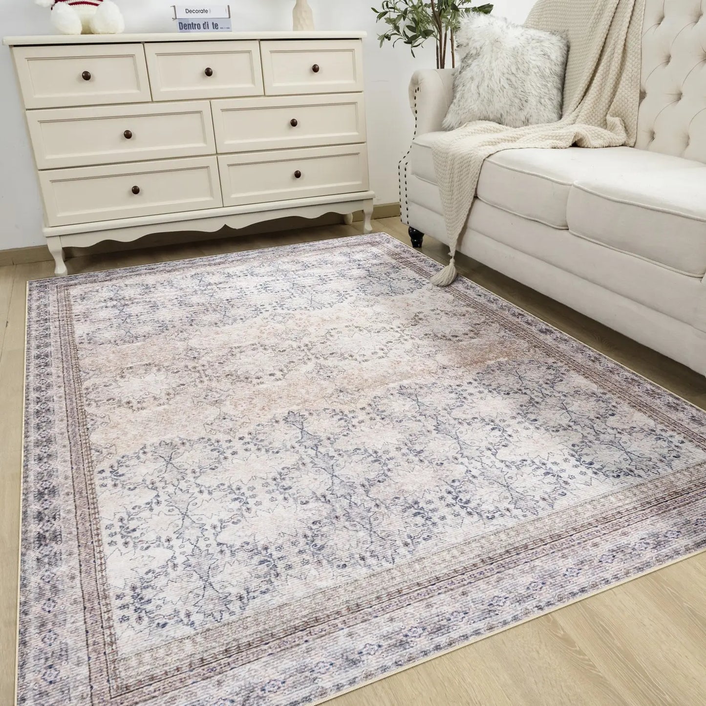 Floral Washable Rugs, Area Rug for Living Room, Soft Large Boho Bedroom Rugs, Botanical Non Slip Ultra Thin Floor Carpet