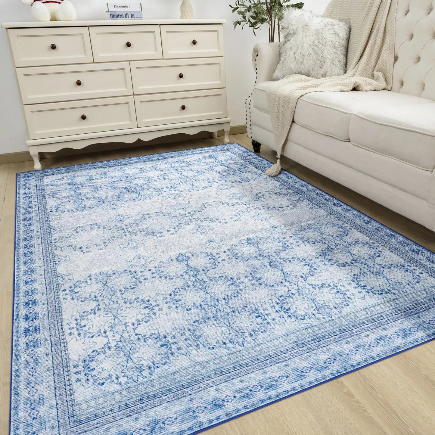 Floral Washable Rugs, Area Rug for Living Room, Soft Large Boho Bedroom Rugs, Botanical Non Slip Ultra Thin Floor Carpet