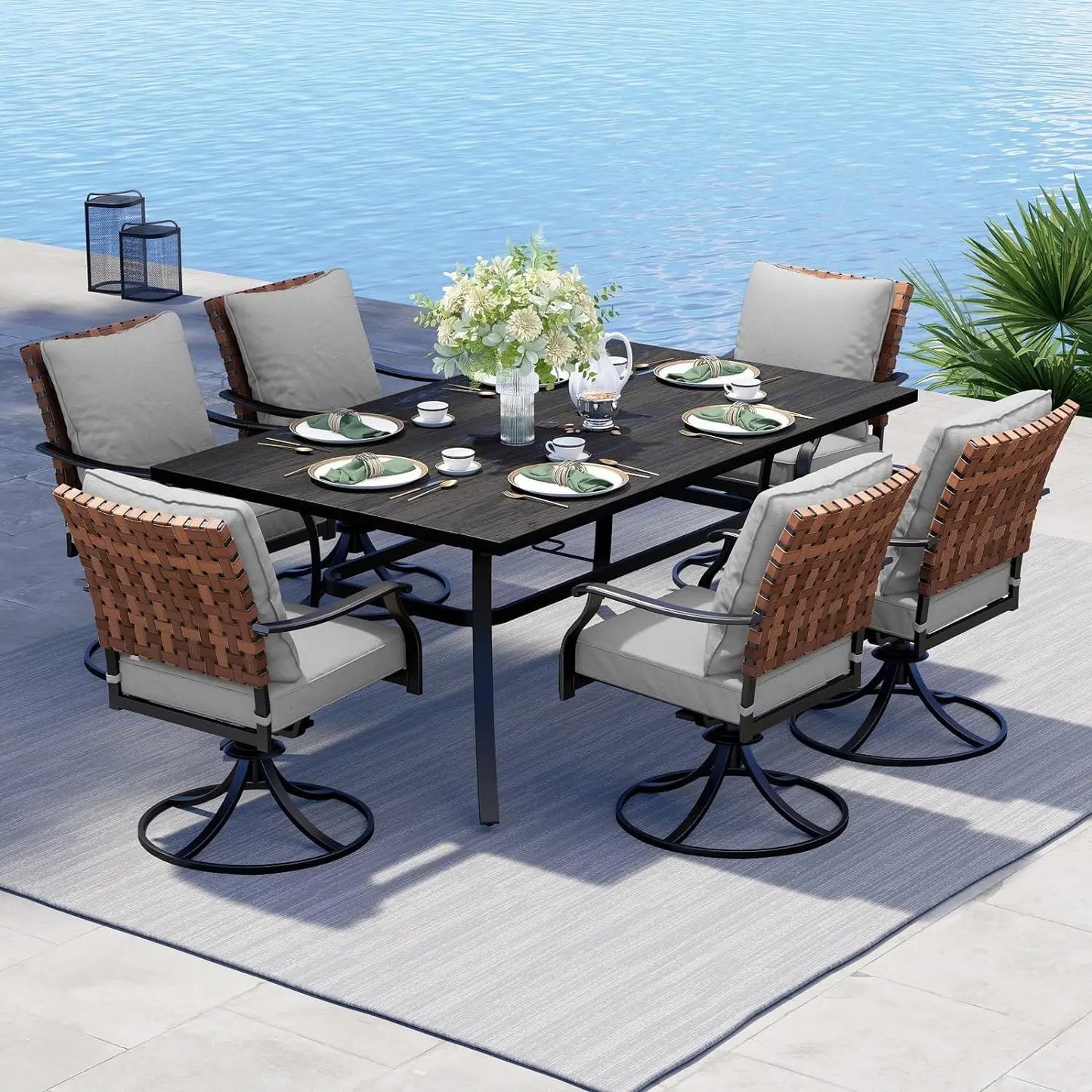 7-Piece Outdoor Dining Set, 6 Leather-Look Wicker Swivel Patio Chairs