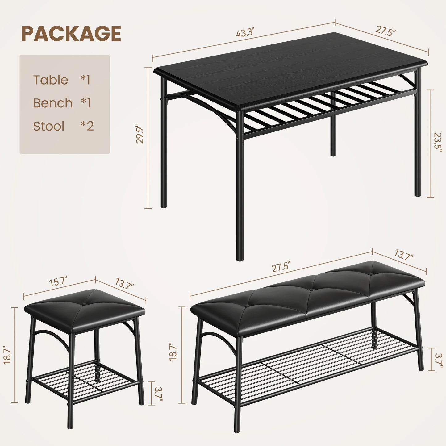 Dining Table Set for 4, Kitchen Table Set with Upholstered Bench and Square Stools, Metal and Wood Dining Room Table Set