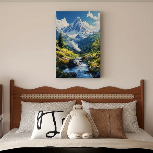 Show the mountain summer scenery, blue sky and white clouds, snowy mountains, interior decoration