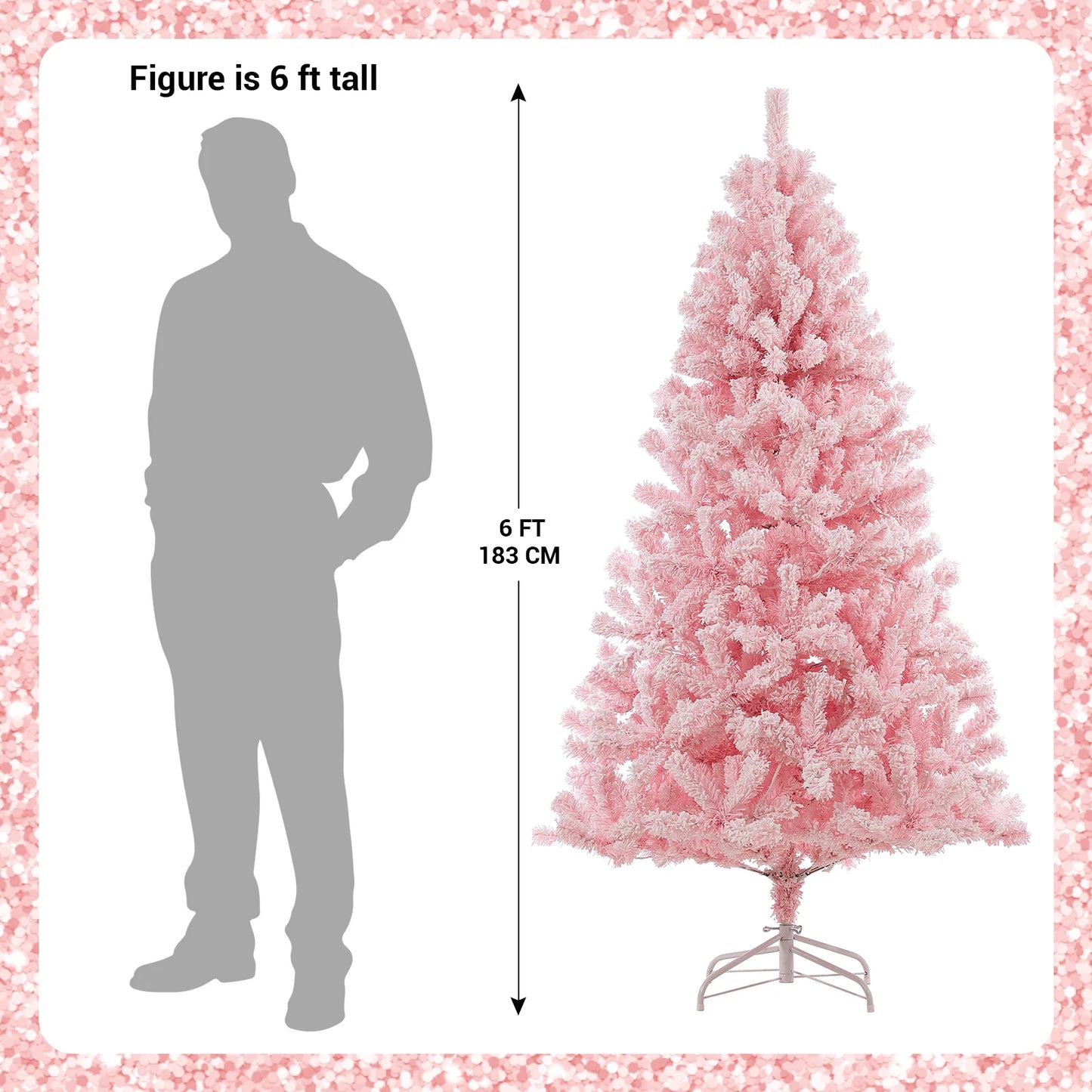 6Ft Pink Pre-lit Christmas Tree, Snow Flocked Artificial Xmas Tree with 250 Multi Color LED Lights, 751 Branch Tips and Foldable