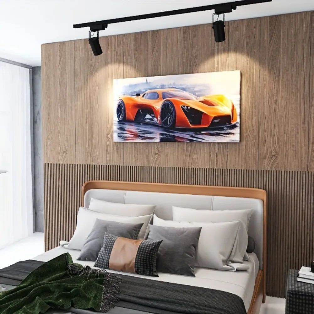 Stylish retro orange sports car, art canvas painting artwork, modern decorative poster, 1.5 inch thick pine solid wood frame