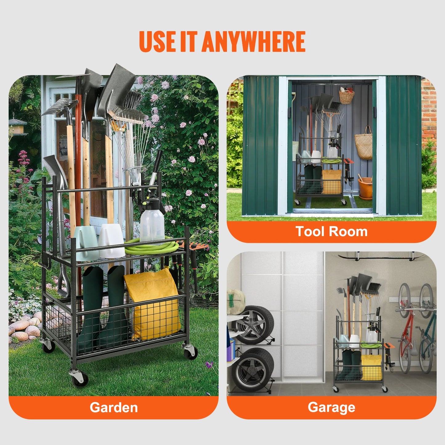 Garden Tool Organizer Yard Tool Tower Rack with Hooks Wheels Long-Handled Rake Stand Holder for Garage Storage
