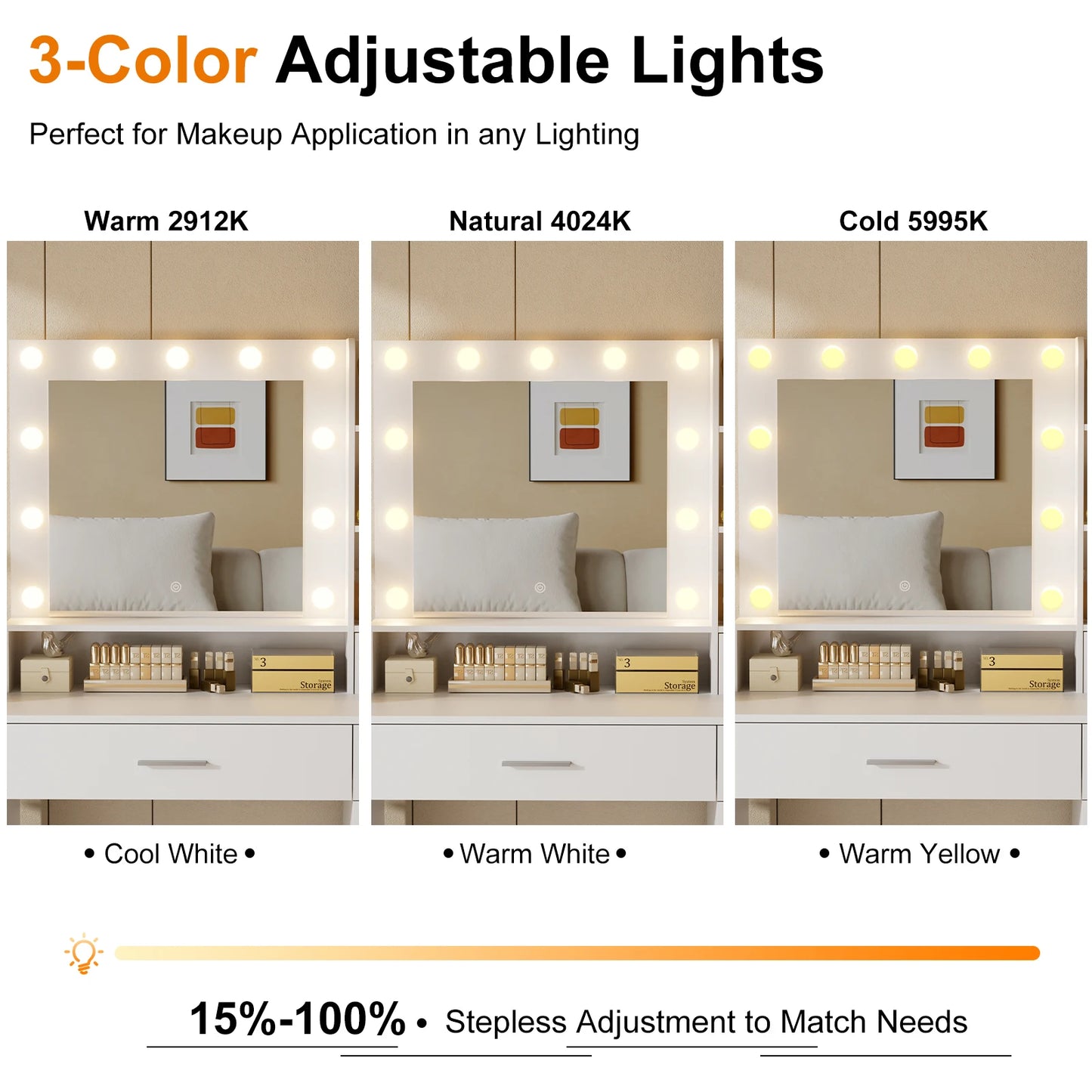 JHK Desser For Bedroom Vanity Desk with Mirror and Lights Adjustable Brightness with 2 Storage Cabinets 3 Drawers 6 Shelves