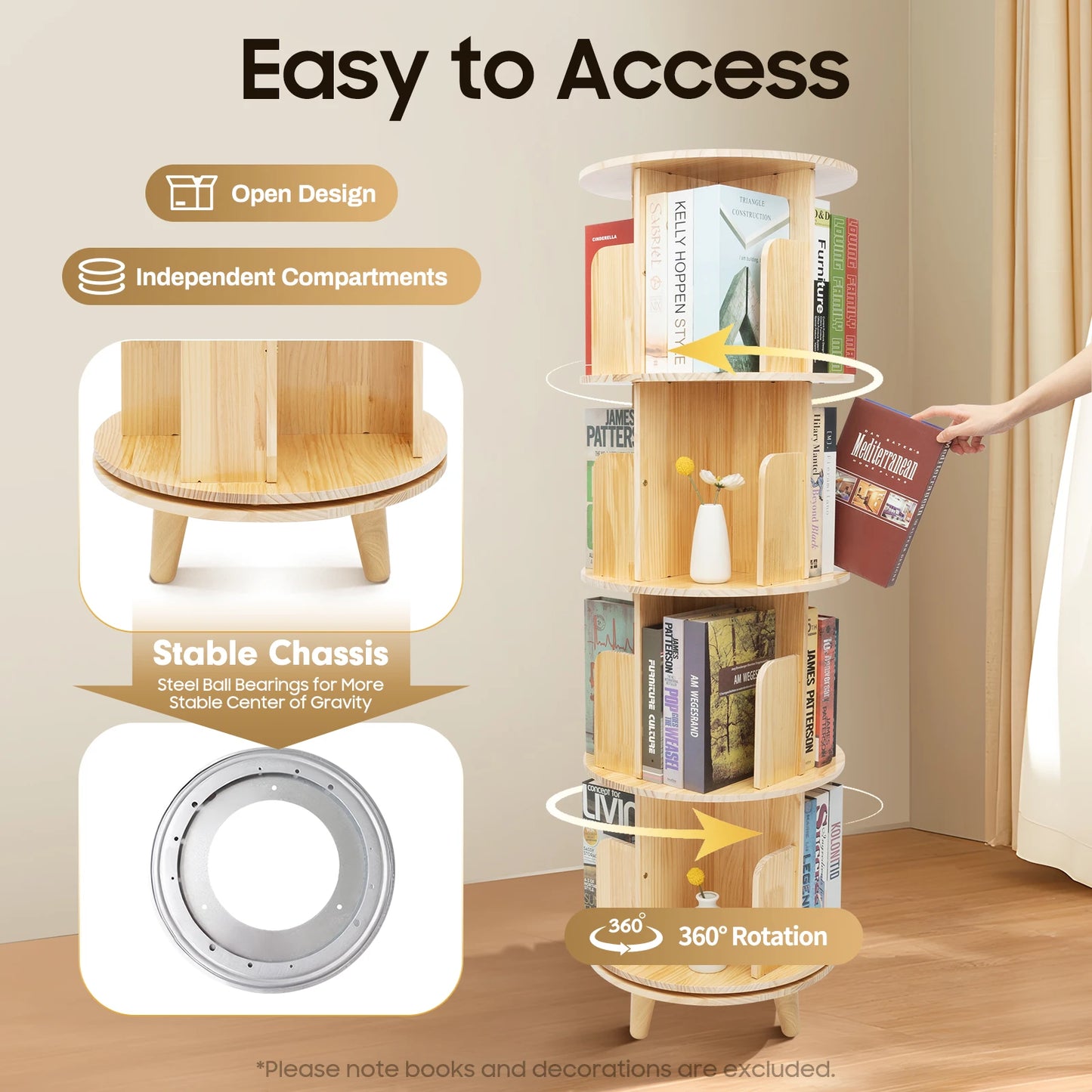 4 Tier Rotating Bookshelf with Legs,Floor Standing Stackable Wood Round Bookshelf 360 Display Book Shelf for Living Room Bedroom