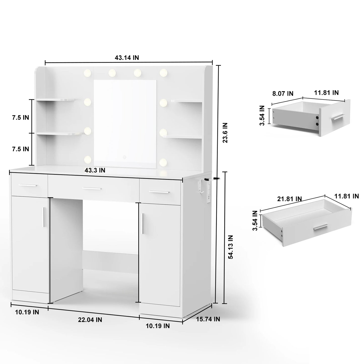 JHK Desser For Bedroom Vanity Desk with Mirror and Lights Adjustable Brightness with 2 Storage Cabinets 3 Drawers 6 Shelves