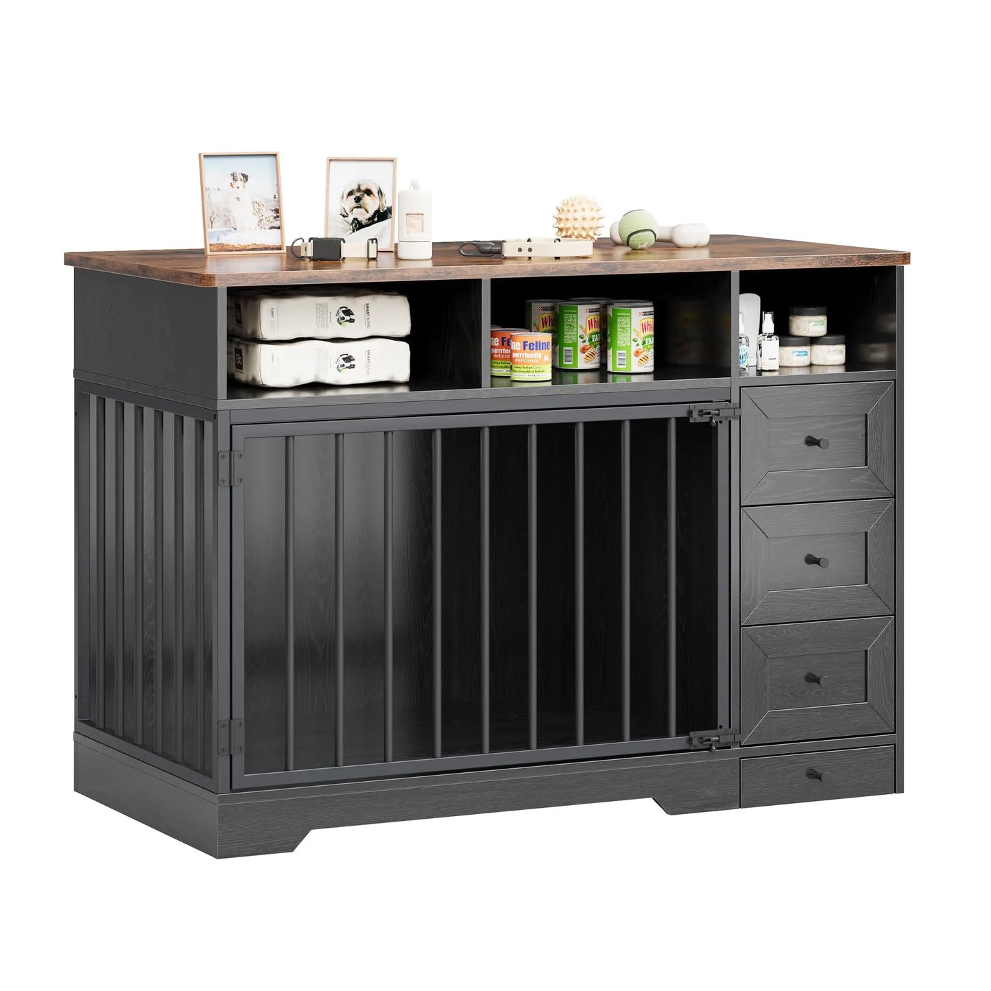 Farmhouse Wooden Dog Crate Furniture With 6 Storage Drawers Feeding Station Heavy Duty Dog Kennel End Table