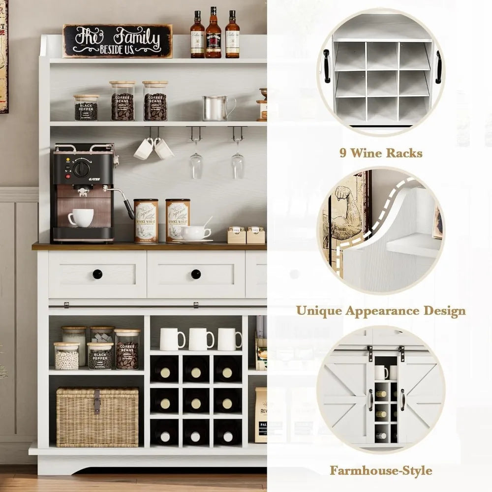 Farmhouse Coffee Bar Cabinet with Sliding Barn Door, 63 Inch Kitchen Hutch with 3 Drawers & Wine Racks for Living Dining Room