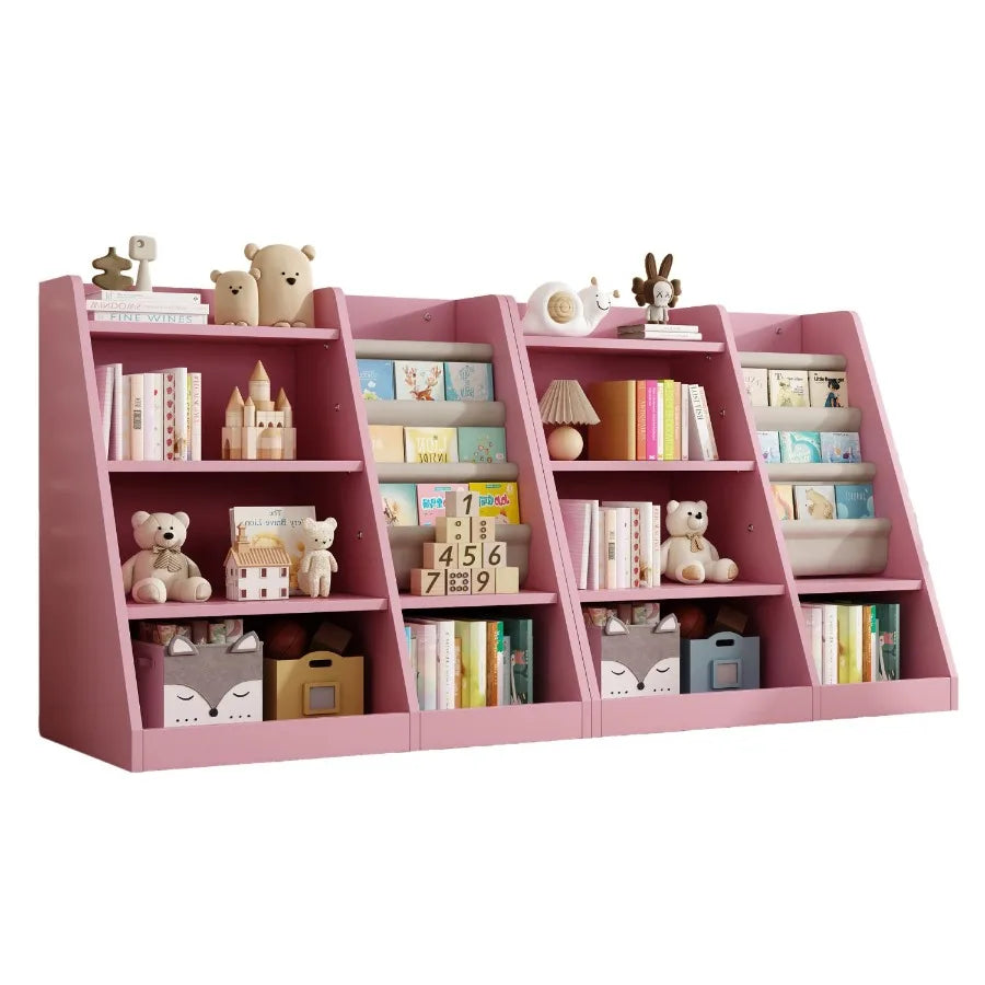Pink Wooden Toy Storage Organizer Cabinet Bookshelf Bookcase Toddler Baby Sling Book Rack Adjustable Shelf for Playroom Bedroom
