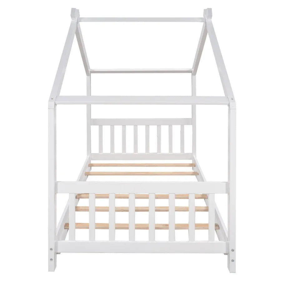 Platform Bed with board and Footboard Roof Design White