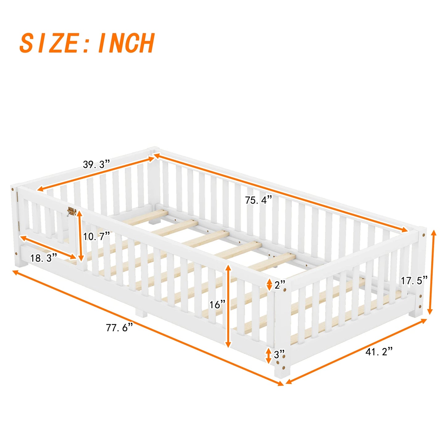 Toddler Floor Bed Frame with Safety Guardrails Doors Wood Slat Support Bed Detachable Platform Bed for Kids Bedroom Nursery