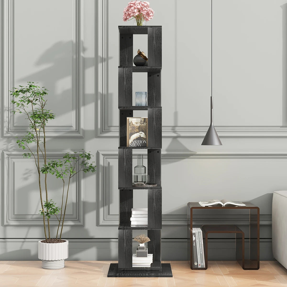 Bookshelf Tower, Floor Standing Wood Narrow Organizer