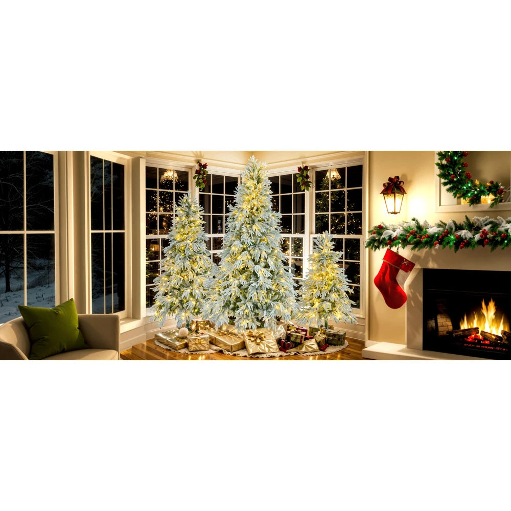 7.5FT Pre-Lit Snow Flocked Spruce Christmas Tree, 350 Multi-Color LED Lights, 8 Modes, 1389 Snow Tips, Hinged.