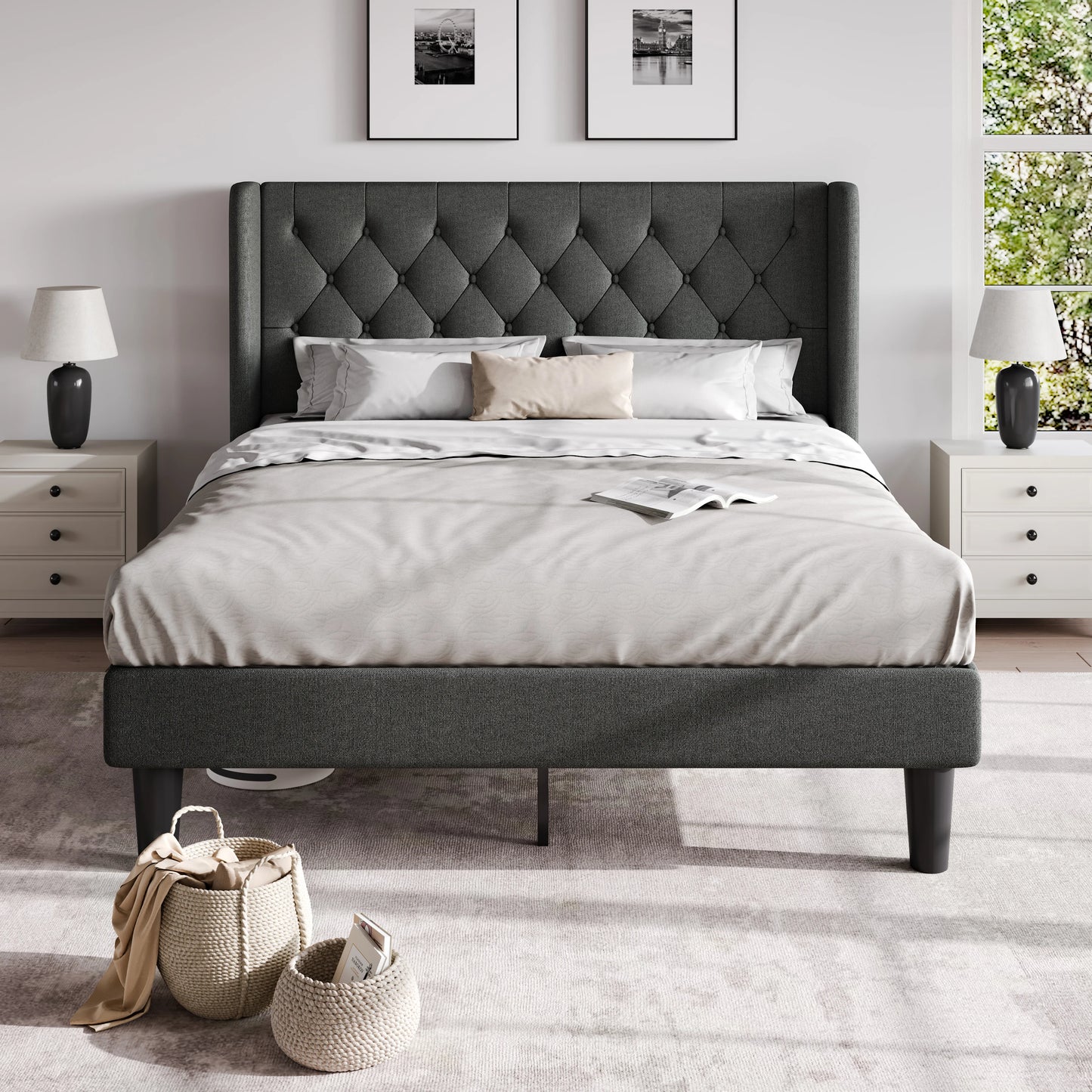 Classic Bed Frame with Button Tufted Wingback Headboard Platform Bed