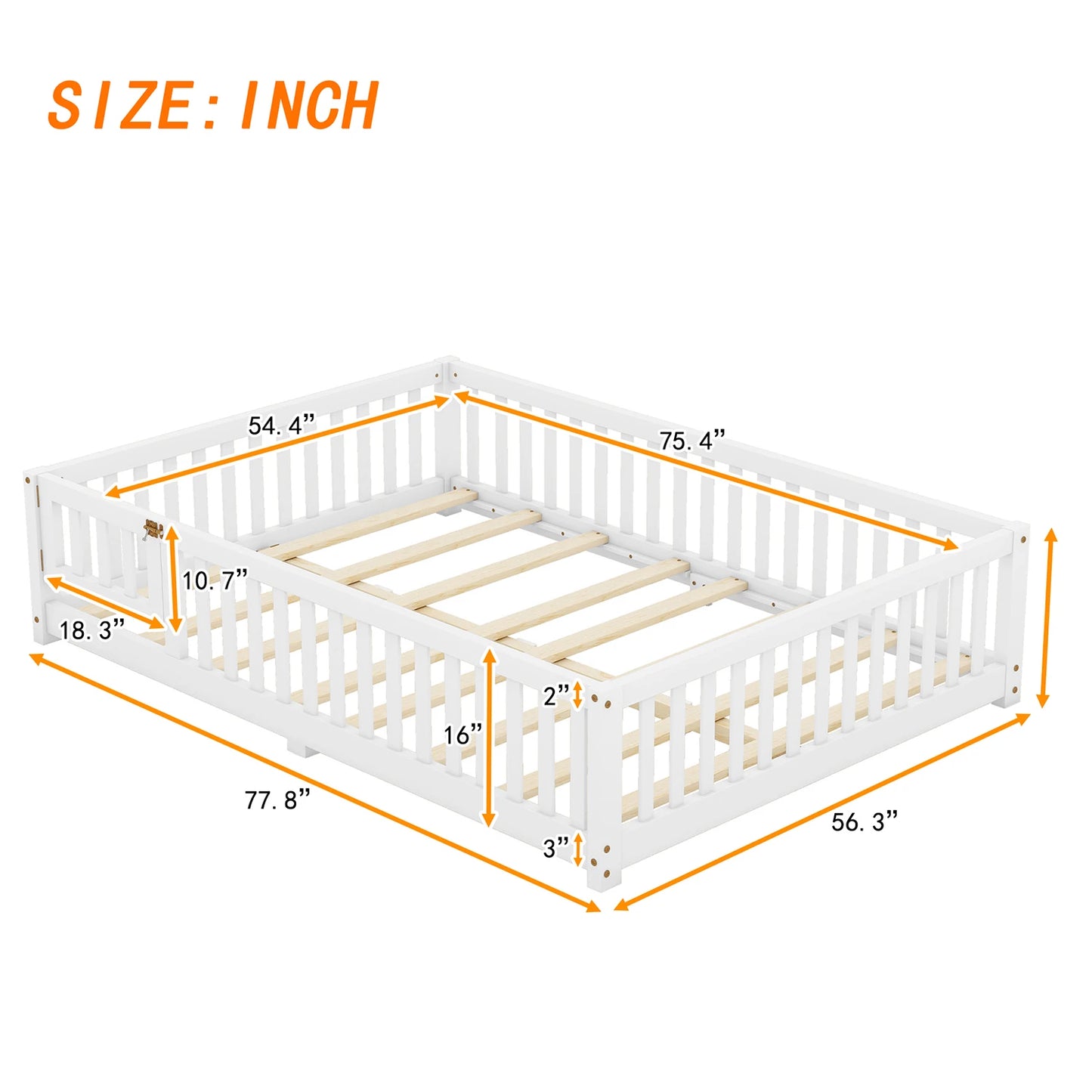 Toddler Floor Bed Frame with Safety Guardrails Doors Wood Slat Support Bed Detachable Platform Bed for Kids Bedroom Nursery