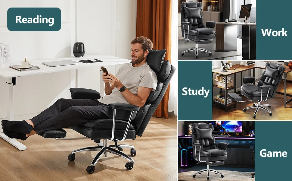 Leather Ergonomic Computer Desk Chair High Back with Footrest Lumbar Support Height Adjustable For Home Office