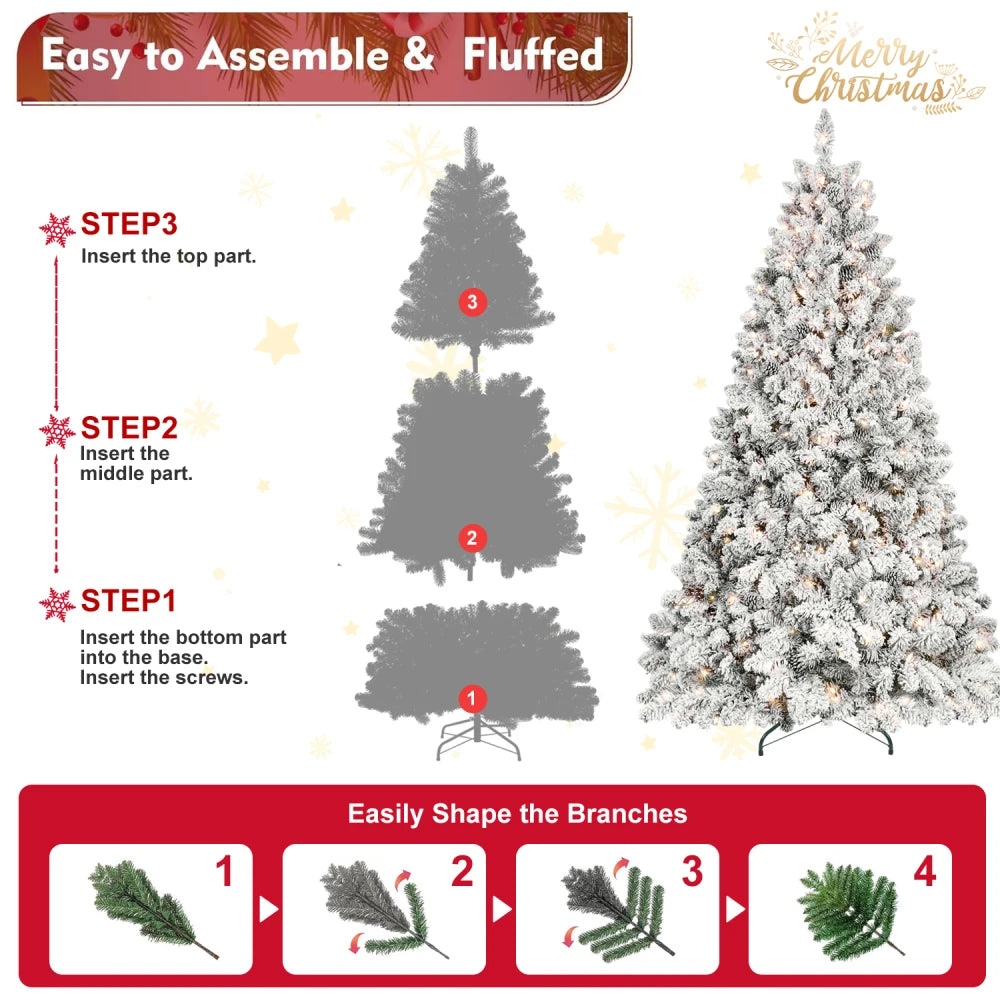 6FT Snow-Flocked Artificial Christmas Tree with Pine Cones, Prelit Xmas Trees, Hinged Easy Assembly
