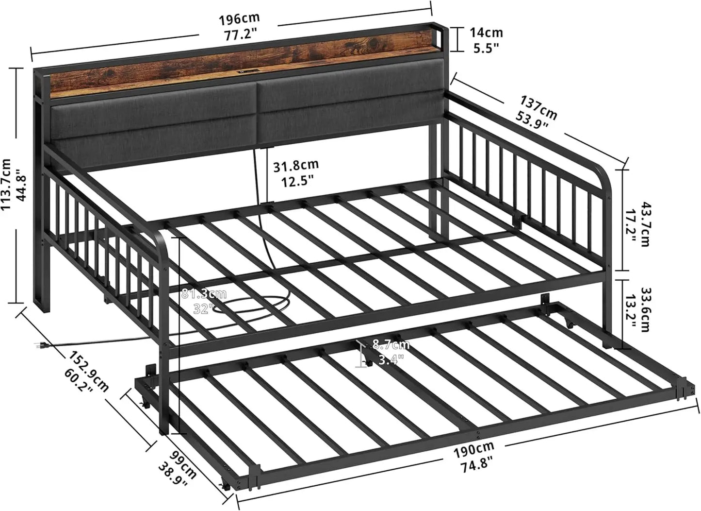 Daybed with Trundle, Sturdy Metal Full Twin XL Size Bed Frame with Upholstered Headboard Charging Station