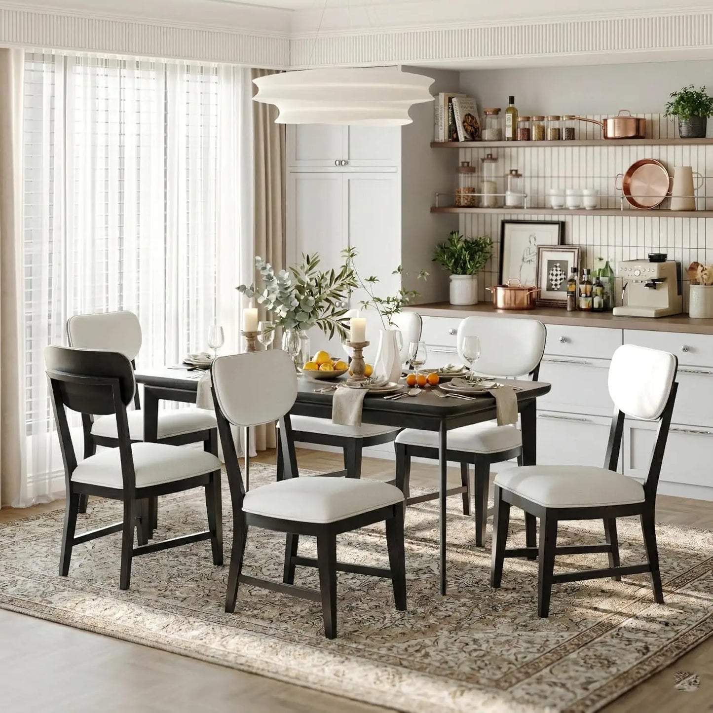 Solid Wood Dining Chairs Set of 6, Mid Century Modern Upholstered Kitchen Chairs with 3.3" Thick Cushion, Farmhouse