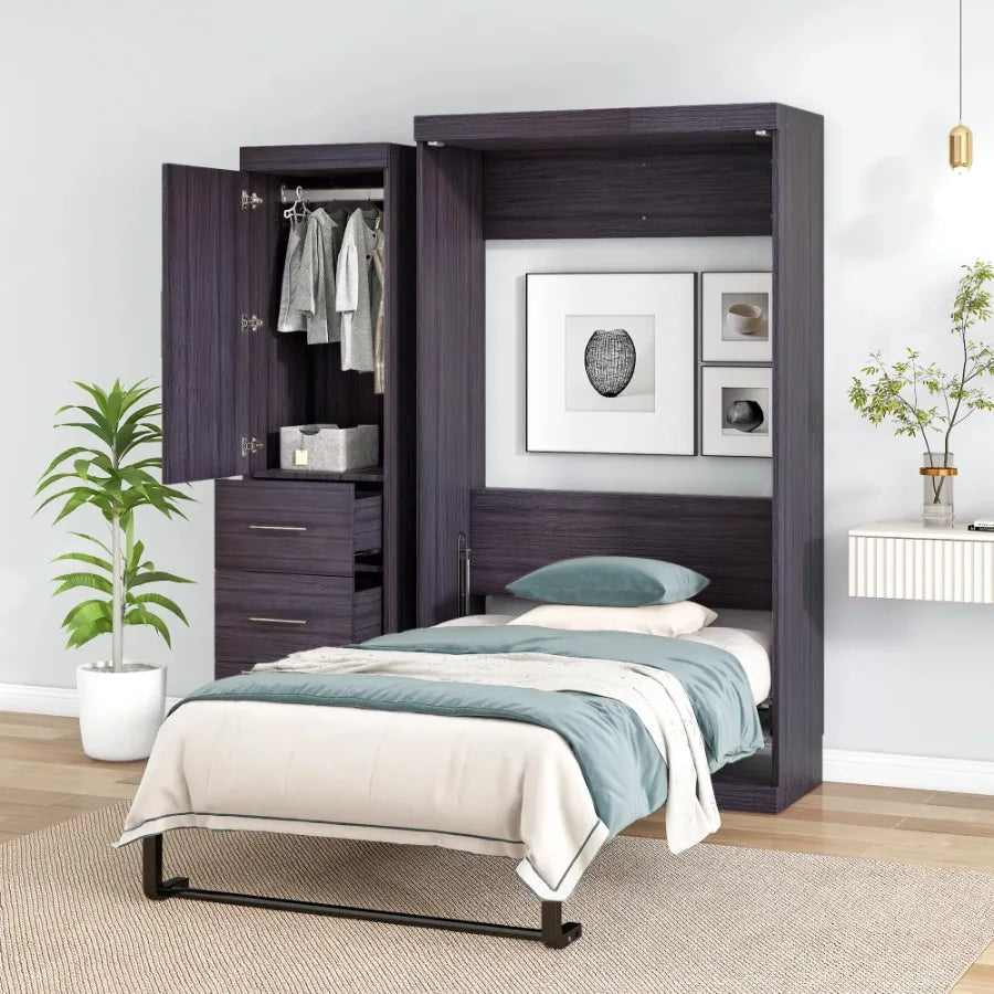 Twin Size Murphy Bed with Wardrobe and Drawers Storage Bed can be Folded into a Cabinet Gray