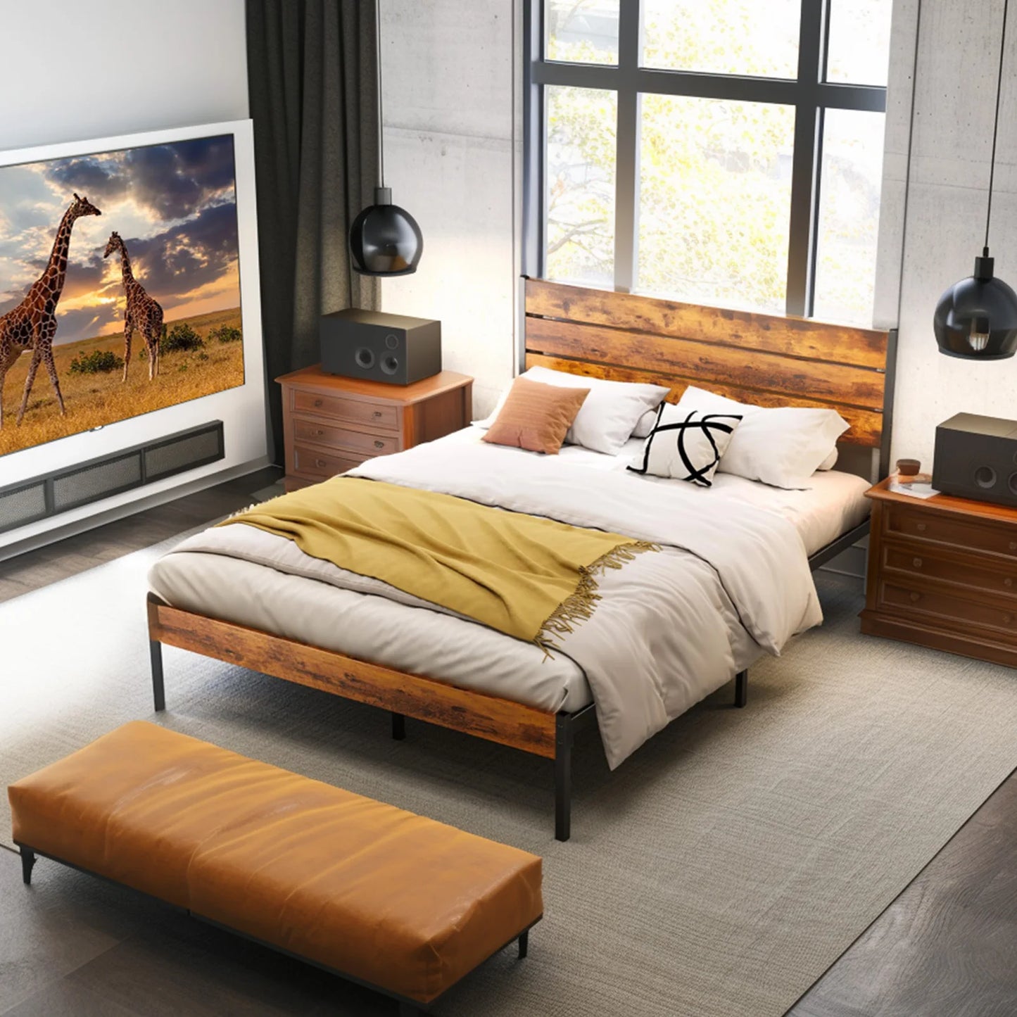 JHK Queen Size Metal Platform Bed Frame with Headboard and Footboard