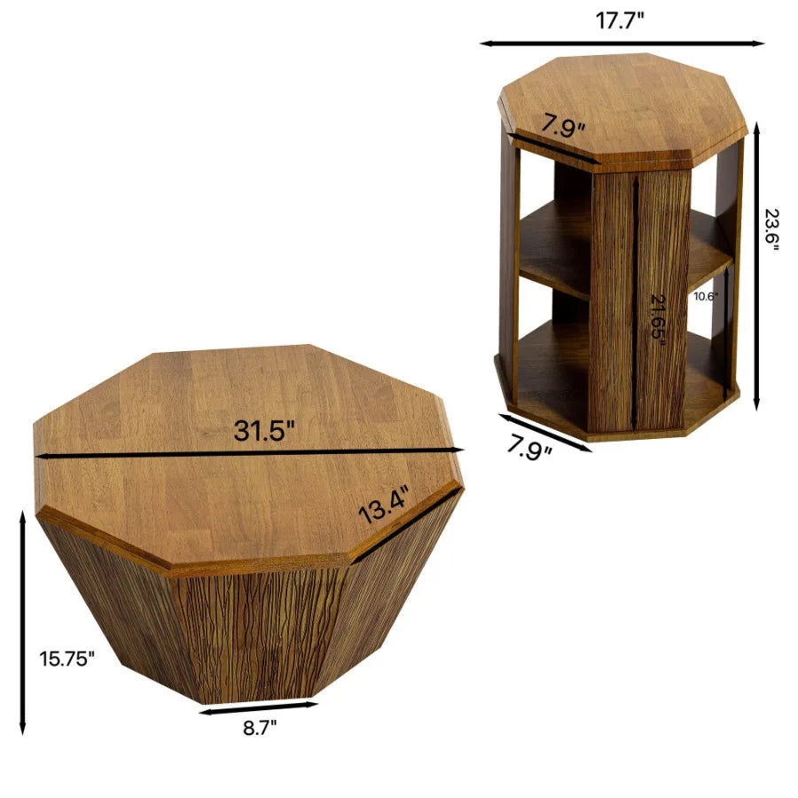 Octagonal Natural Rubber wood Set of Two Coffee Table