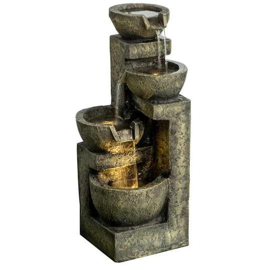 Outdoor Fountain with 4-Tier Stacked Stone Look Bowls, Cascading Waterfall,
