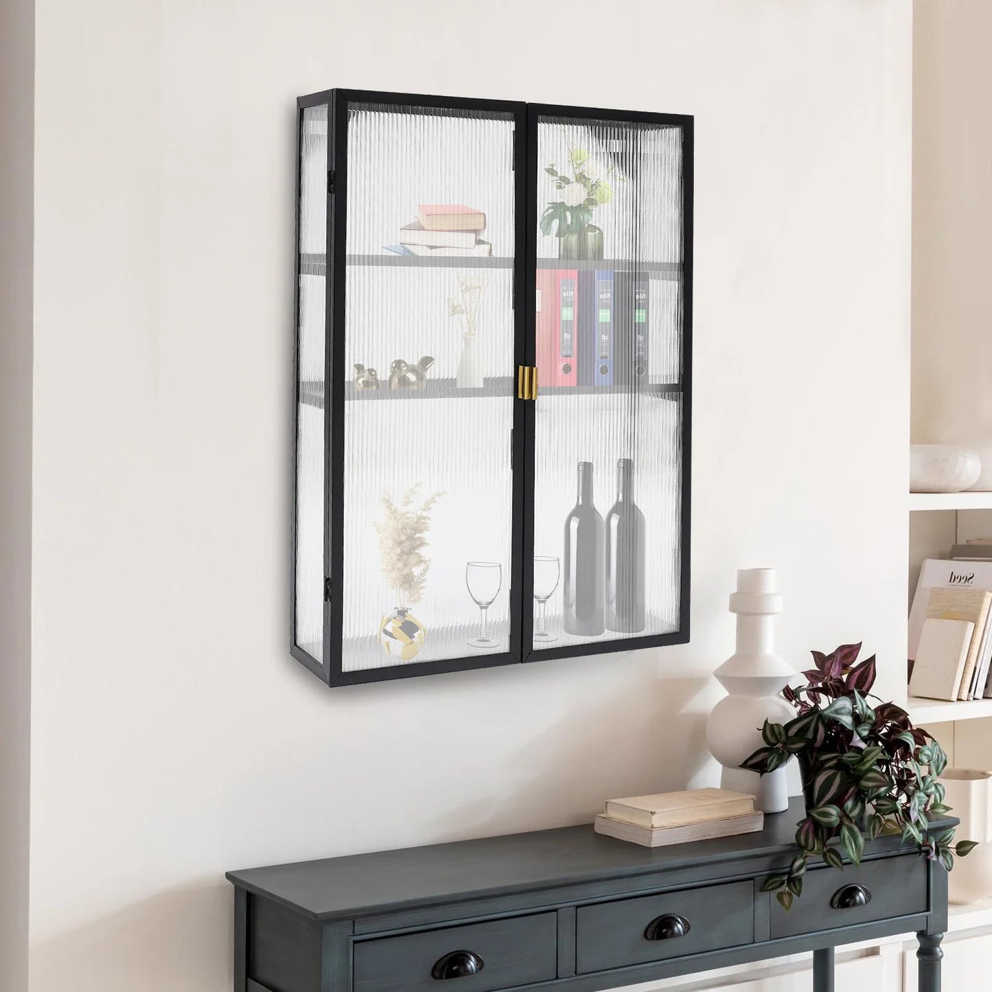 Metal Storage Cabinet with Mesh Doors, Black Wall-Mounted Cabinet with Detachable Partition for Office,Kitchen,Bathroom