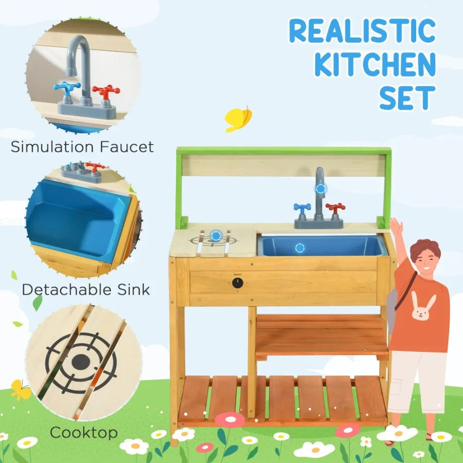 Mud Kitchen Outdoor Kitchen Playset for Wooden with Realistic Play Kitchen Toys Faucet and Sink Storage Shelves Gift for Girls