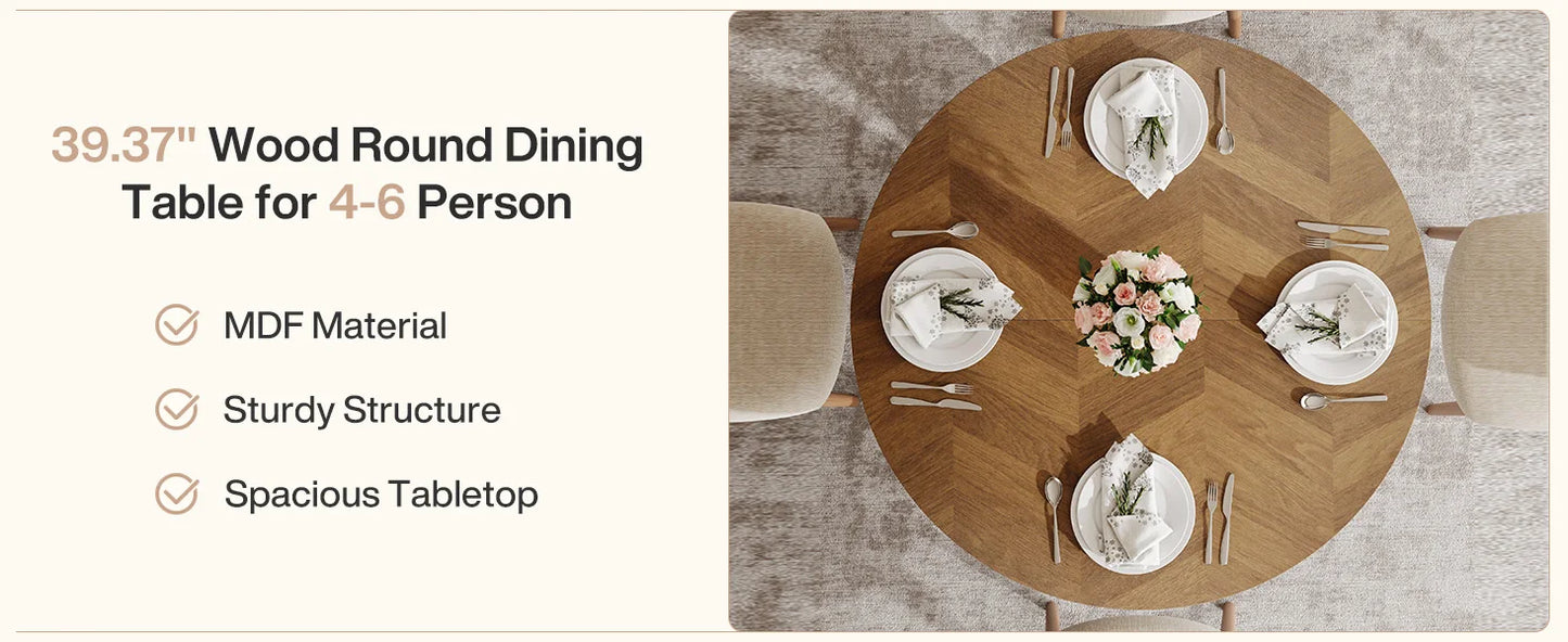 Round Dining Table for 4 People, Farmhouse Kitchen Dinner Table with Wooden Tabletop and Legs for Kitchen,Living Room