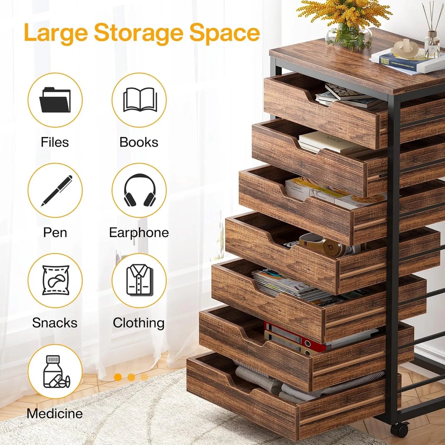 7-Drawer File Cabinet with Drawers & Wheels, Wood Mobile Storage Drawer