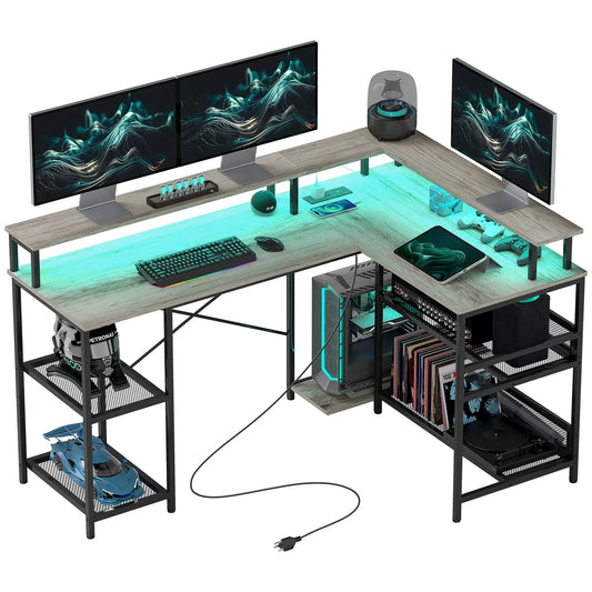 59" L Shaped  Storage, Corner Desk with Led Lights and Power Outlets