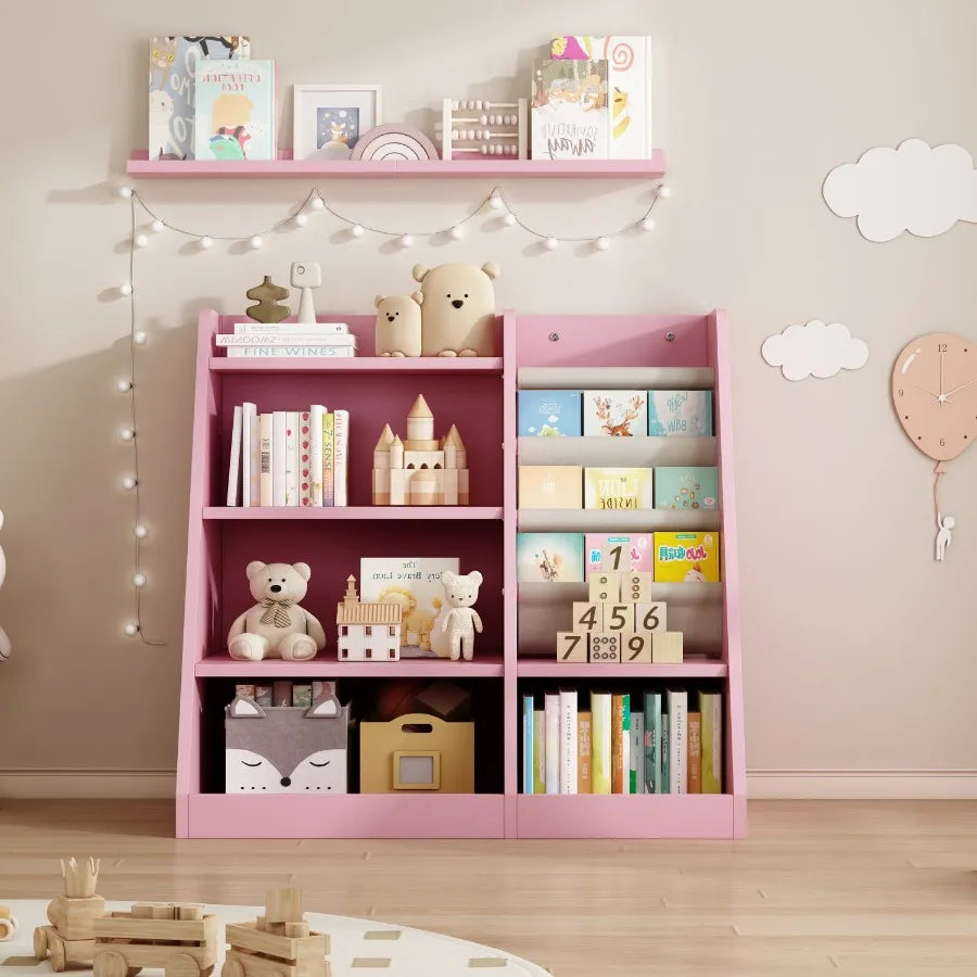 Pink Wooden Toy Storage Organizer Cabinet Bookshelf Bookcase Toddler Baby Sling Book Rack Adjustable Shelf for Playroom Bedroom