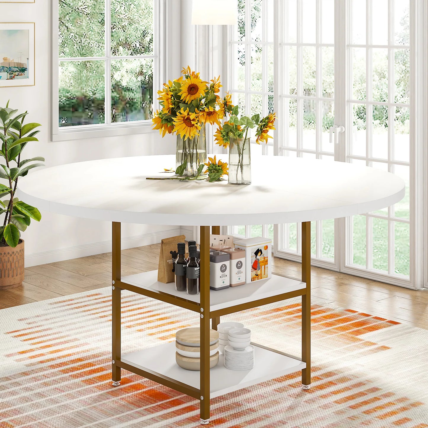 Tribesigns 47 inch Round Dining Table for 4, Wood Kitchen Table Large Dinner Table with Storage Shelf for Home Dining Room