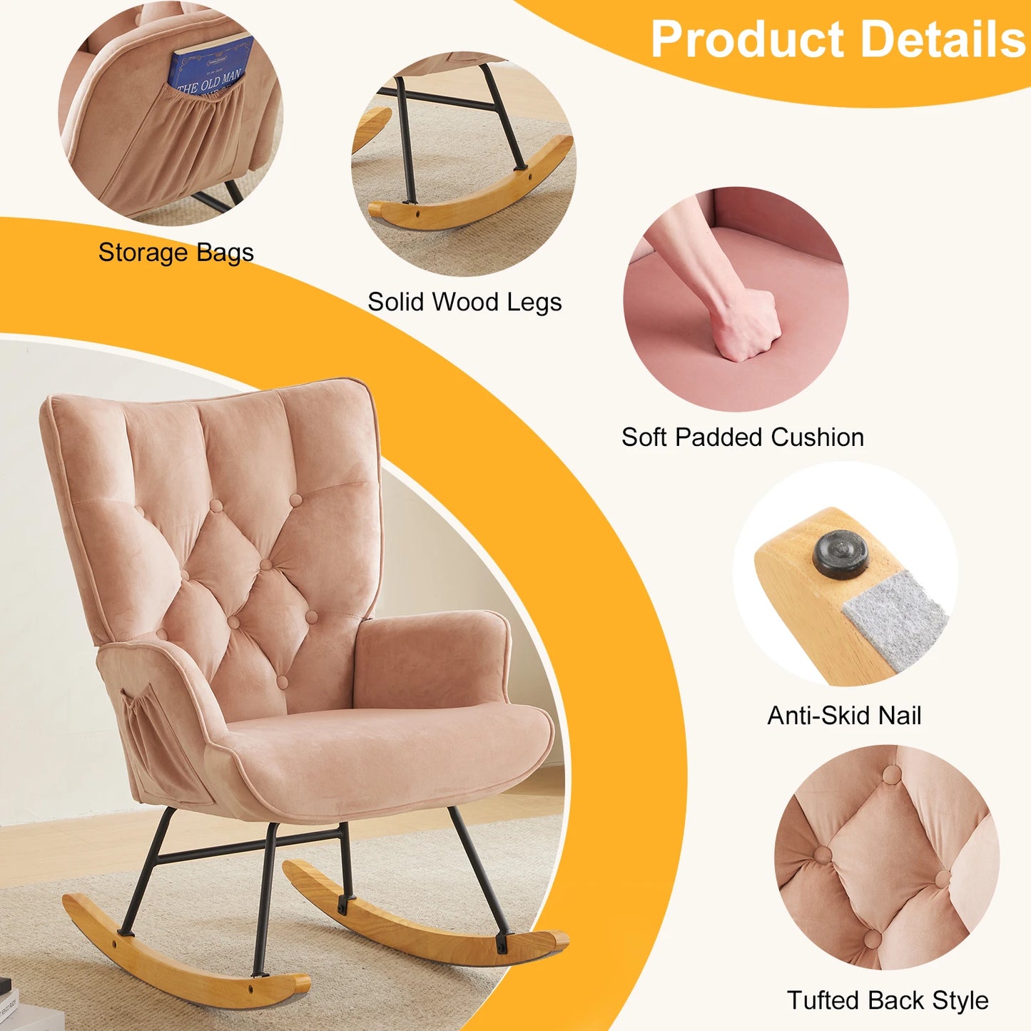 Rocking Chair Nursery, Upholstered Glider Rocker with High Backrest, Stylish Modern Rocking Accent Chair Glider Recliner