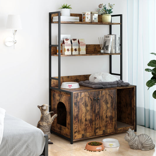 Wooden Hidden Cat Litter Box Enclosure Furniture with Shelves 2