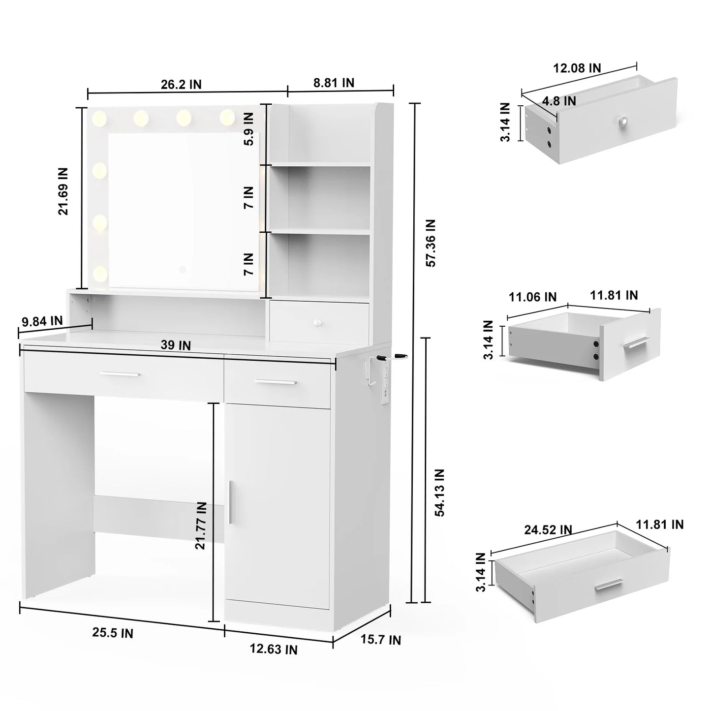 JHK Desser For Bedroom Vanity Desk with Mirror and Lights Adjustable Brightness with 2 Storage Cabinets 3 Drawers 6 Shelves