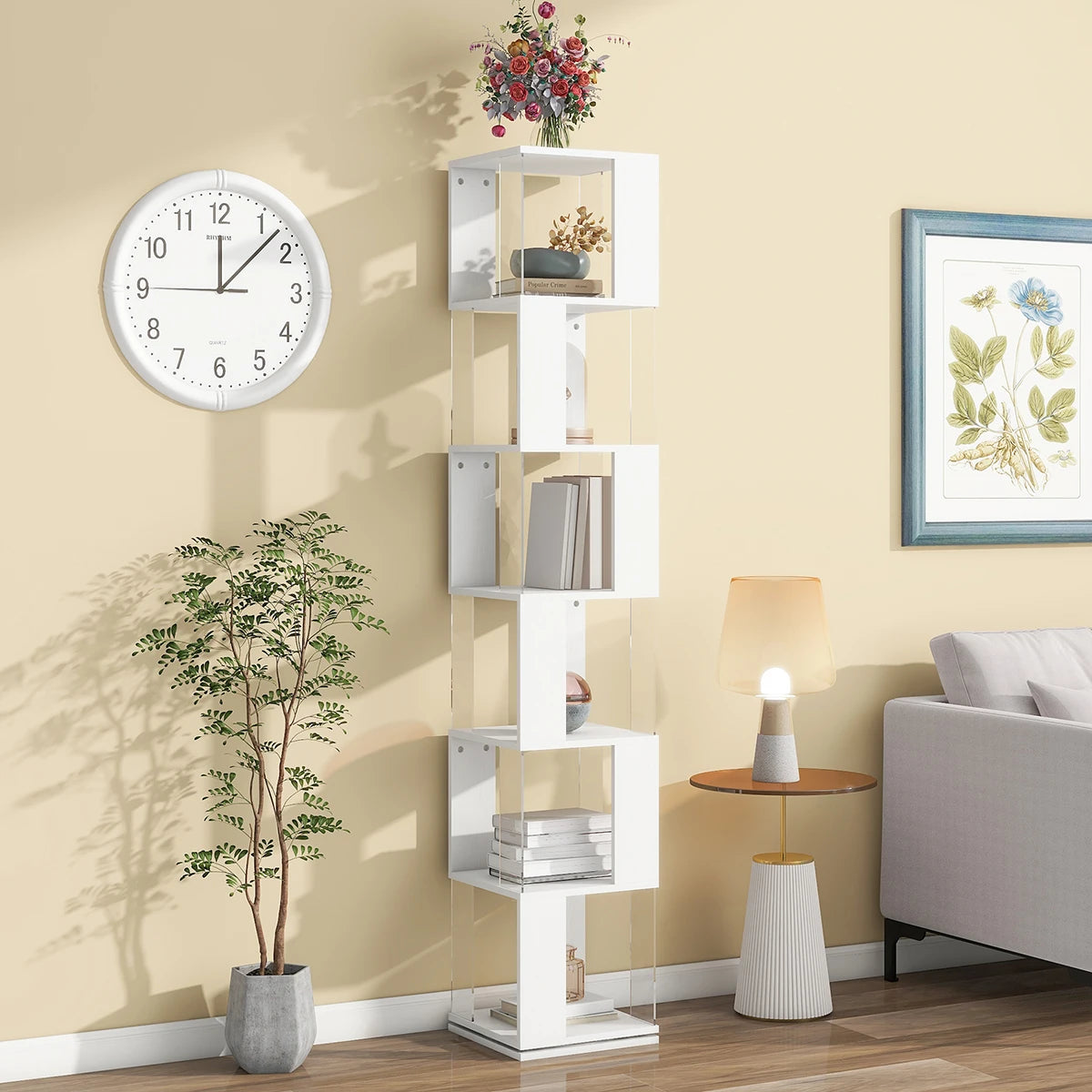 Bookshelf Tower, Floor Standing Wood Narrow Organizer