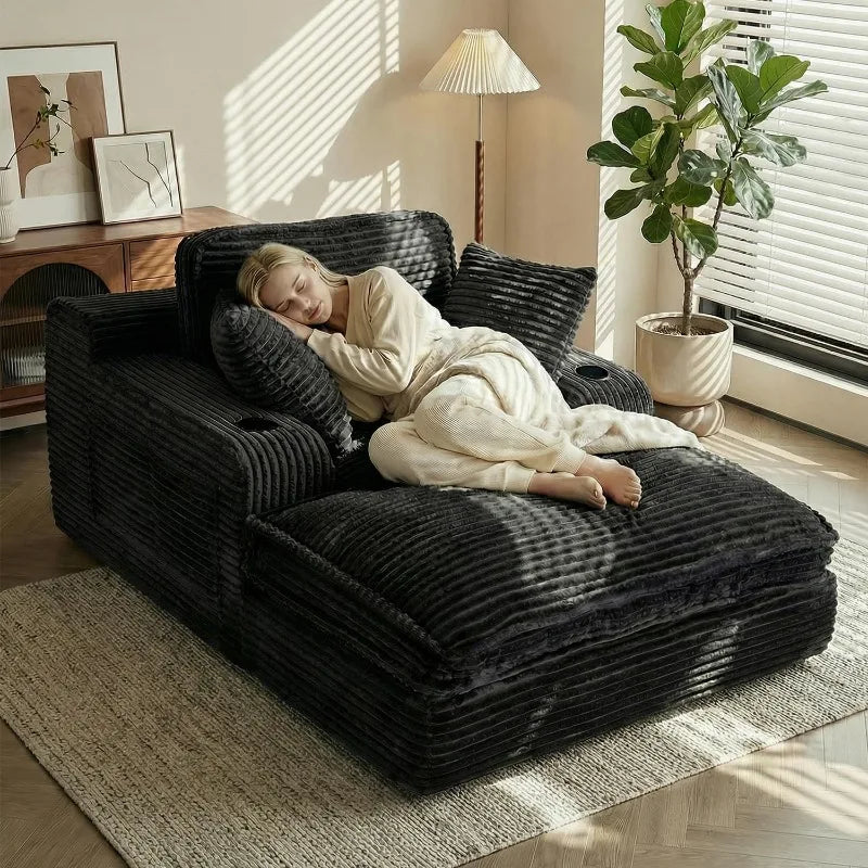 Oversized Chaise Lounge Chair Indoor, Soft Boneless Cloud Couch with 3 Pillows, 4 Side Pockets and 2 Cup Holders, Comfy Corduroy
