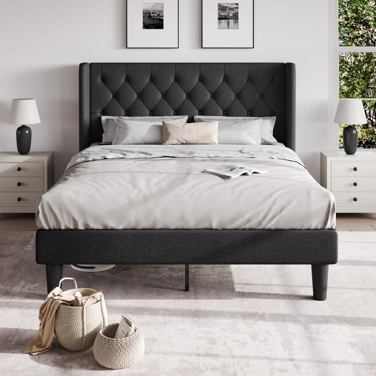 Classic Bed Frame with Button Tufted Wingback Headboard Platform Bed