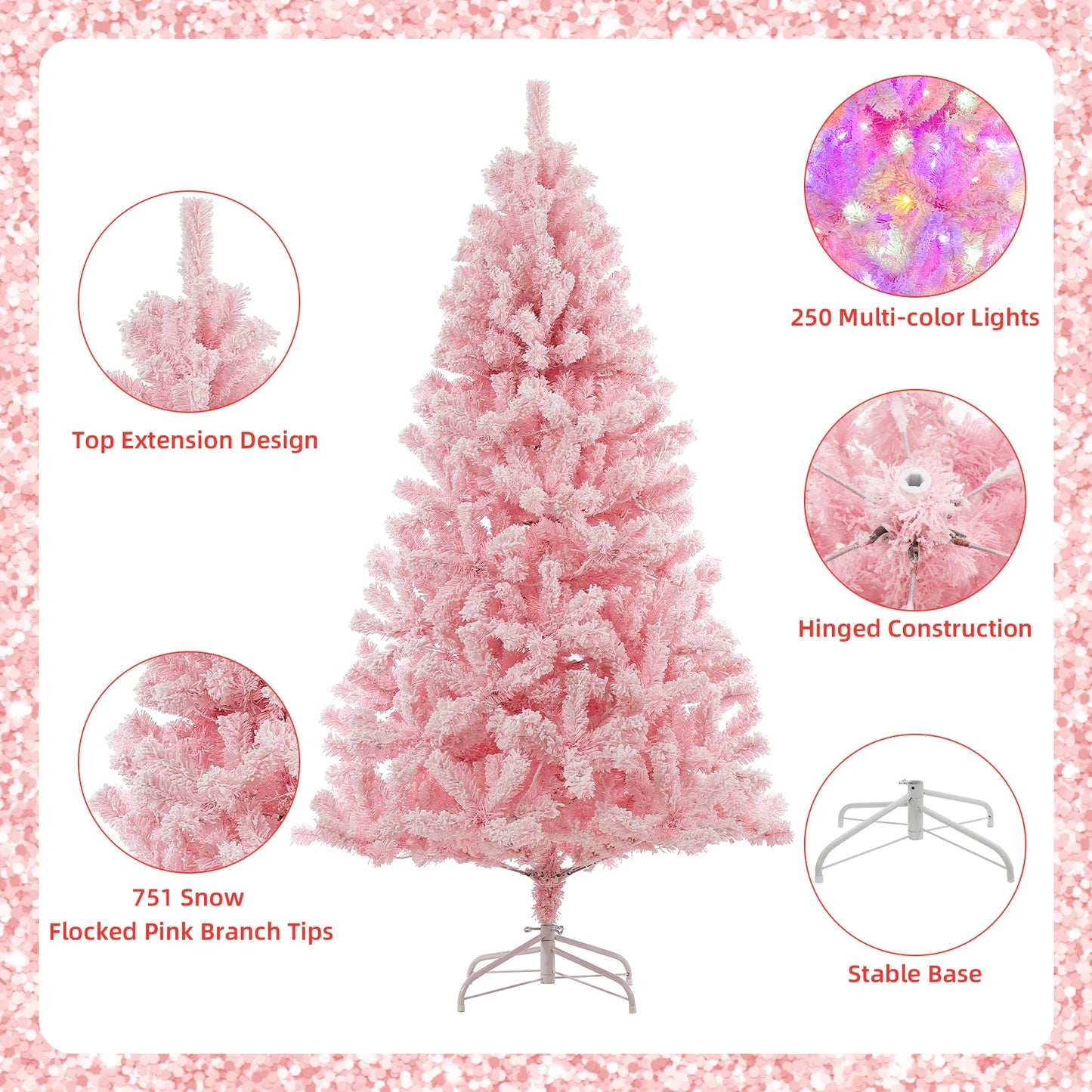 6Ft Pink Pre-lit Christmas Tree, Snow Flocked Artificial Xmas Tree with 250 Multi Color LED Lights, 751 Branch Tips and Foldable