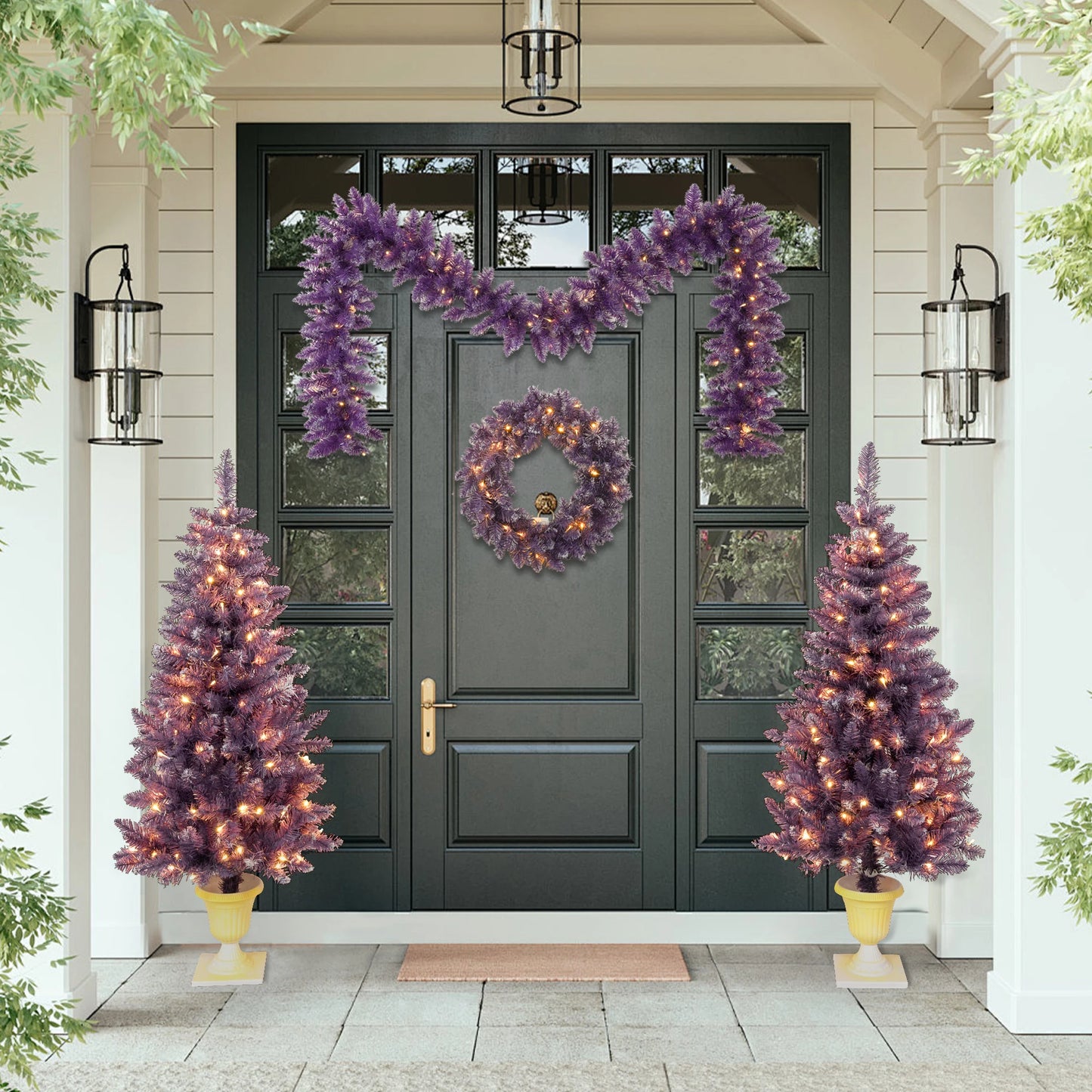 Pre-lit Christmas 4-Piece Set: Garland, Wreath, 2 Entrance Trees with LED Lights, Purple PVC. Ideal Festival Celebration Set.