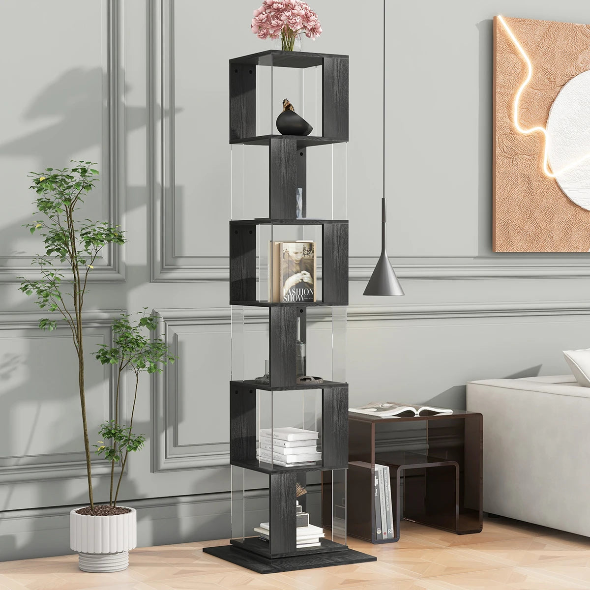 Bookshelf Tower, Floor Standing Wood Narrow Organizer