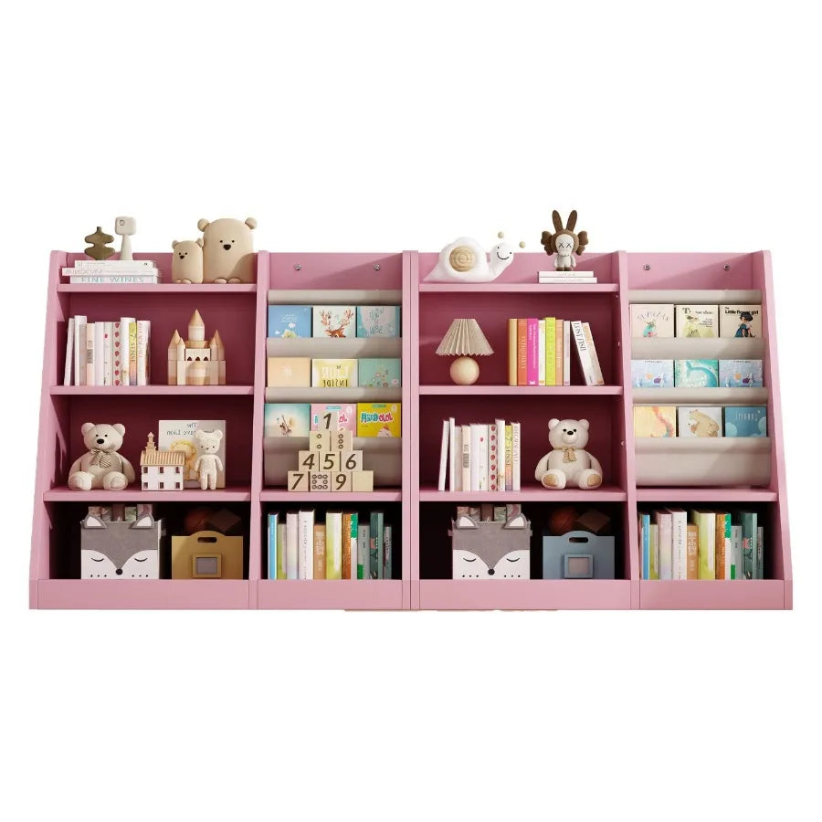Pink Wooden Toy Storage Organizer Cabinet Bookshelf Bookcase Toddler Baby Sling Book Rack Adjustable Shelf for Playroom Bedroom