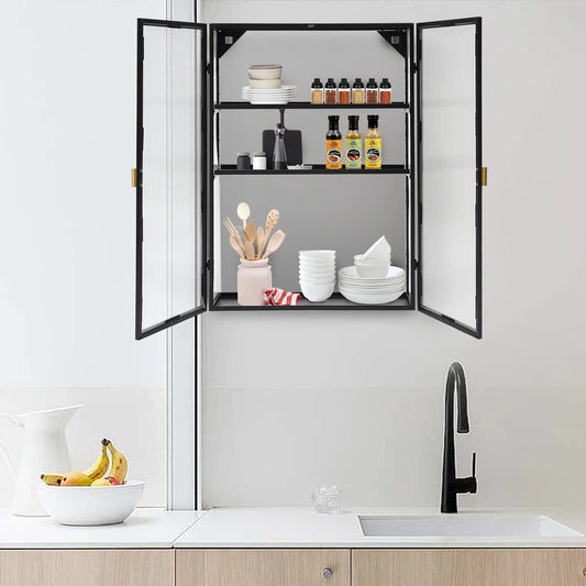 Metal Storage Cabinet with Mesh Doors, Black Wall-Mounted Cabinet with Detachable Partition for Office,Kitchen,Bathroom