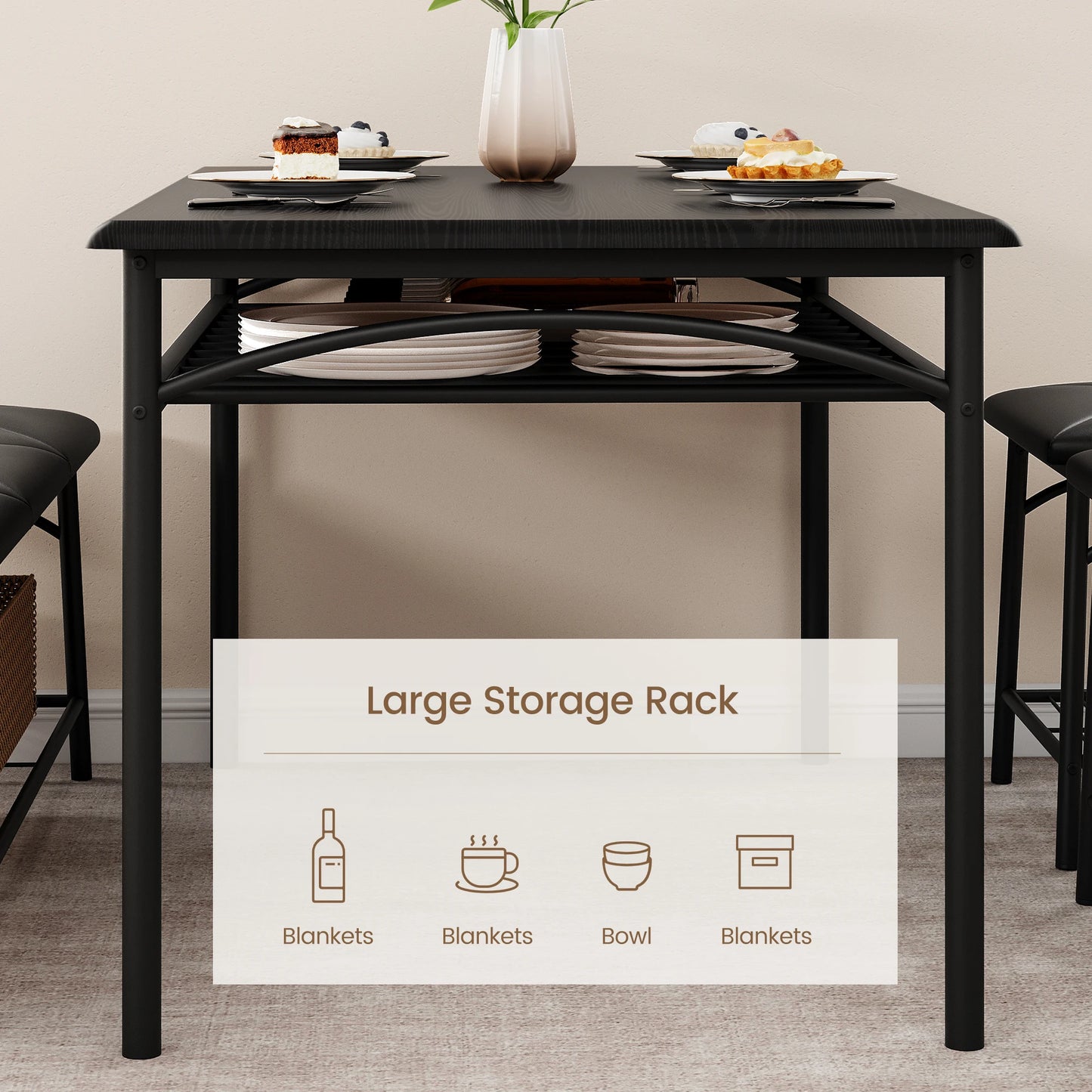 Dining Table Set for 4, Kitchen Table Set with Upholstered Bench and Square Stools, Metal and Wood Dining Room Table Set