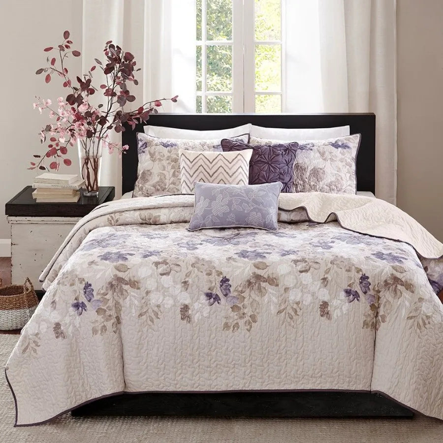 6 Piece Printed Quilt Set with Throw Pillows Taupe Full Queen