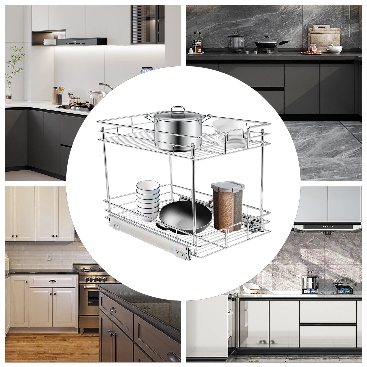 2-Tier Silver Cabinet Pull Out Shelves, Organizer Storage
