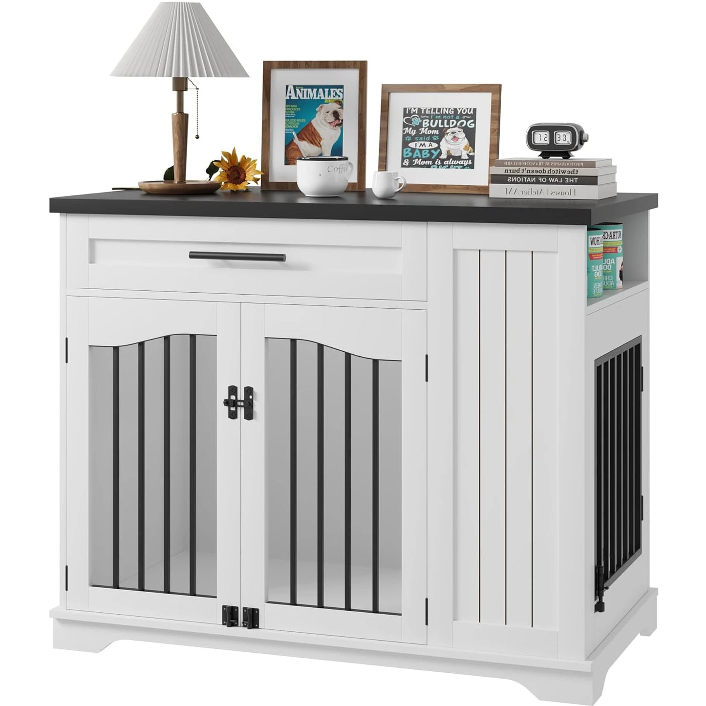 Furniture Style Dog Crate Heavy Duty Wooden Dog Kennel With Drawer Side Storage & Built-in Feeding Station For Pets